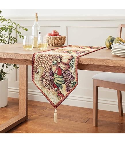 Violet Linen Fall Harvest Thanksgiving Autumn Leaves Sunflowers Fruits Pumpkins Tapestry Polyester Cotton Fringes Cornucopia 60 X 18 Decorative Windo