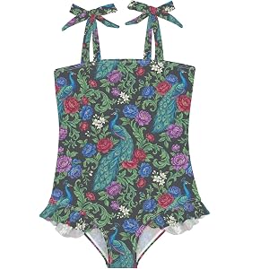 Burbuja Girls Swimsuit Peacock One Piece Bathing Suit Adjustable Bow Tie & Ruffle Swimwear, 18M-6Y