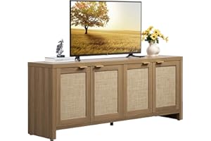 SICOTAS TV Stand for Living Room Boho Entertainment Center for Bedroom with 4 Rattan Cabinets Farmhouse Television Stands with Storage Large Media Console Table for TVs up to 45 50 55 60 65 Inch