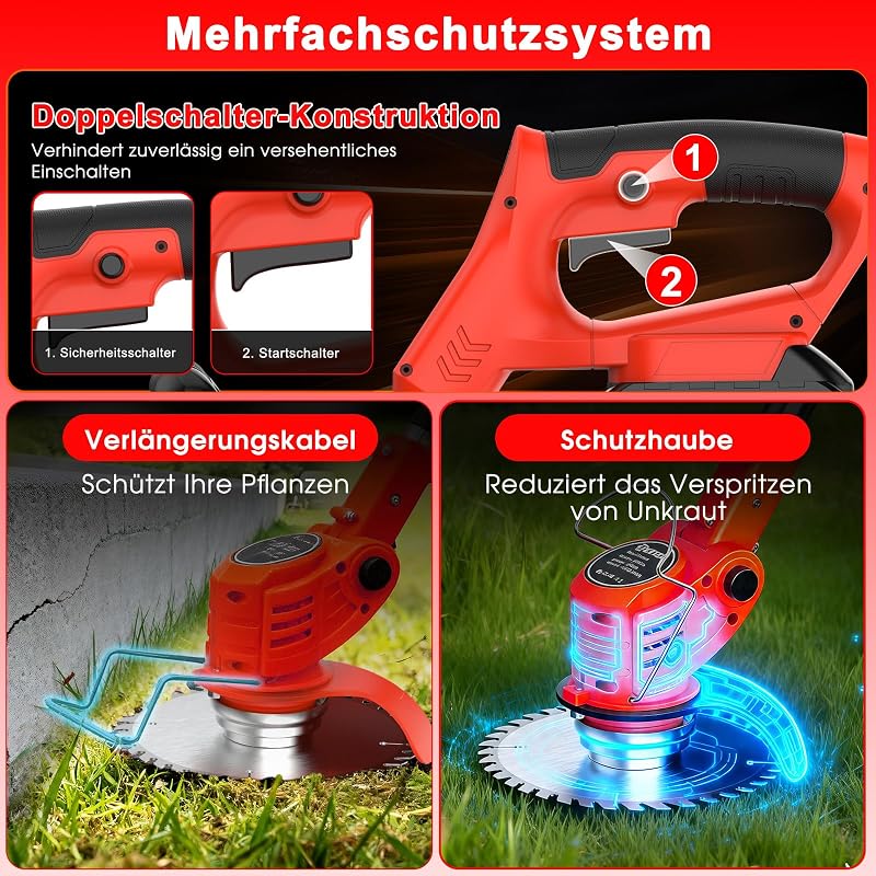 Akku-Rasentrimmer mit 2 * 21V Akku, 4 Messer, dreifach klappbarer Mäher, Rasenmäher, Akku-Gartenmäher für Rasen, Sträucher und Büsche. (Orange-FBA) — Foto 4 von 8