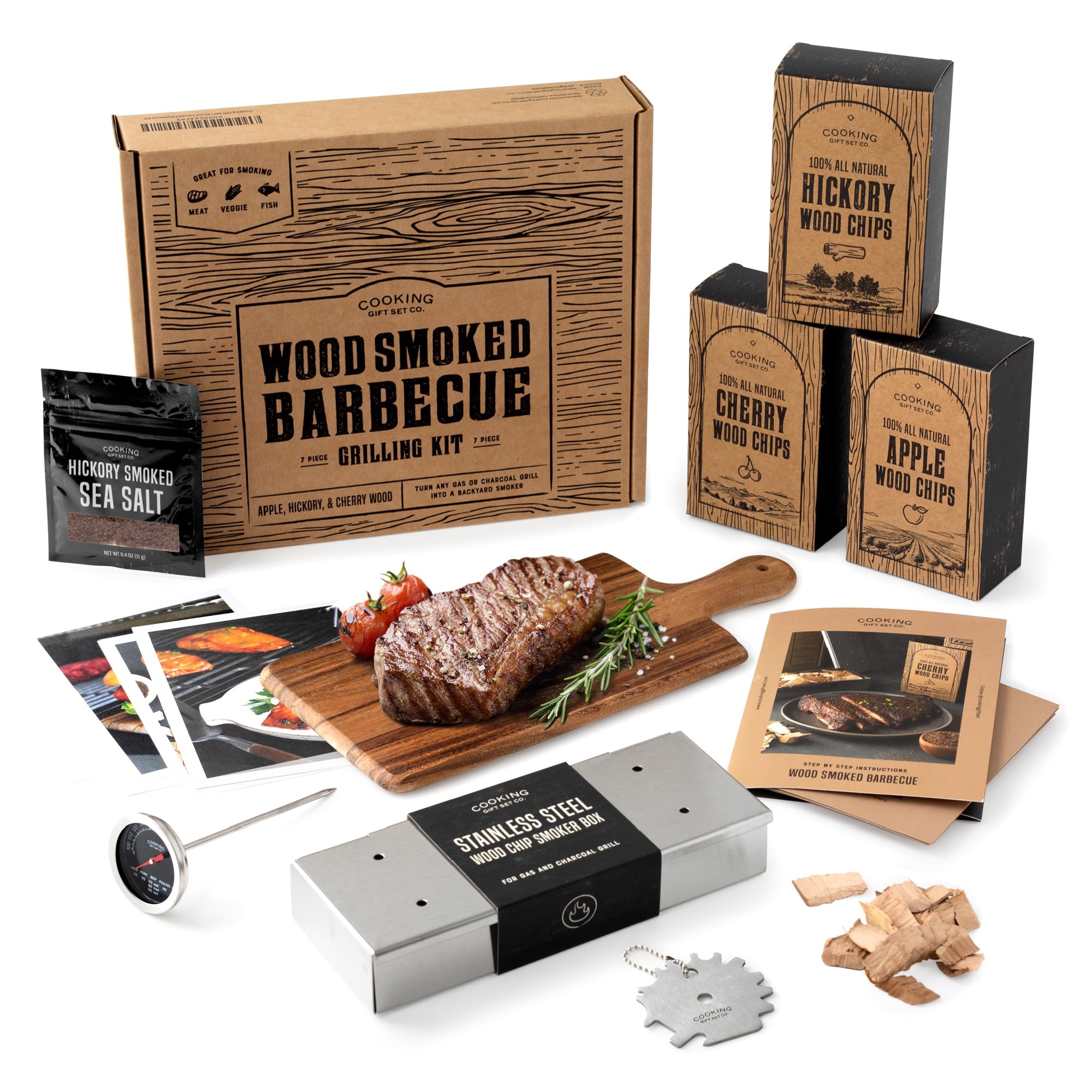Deluxe Smoker Box for Gas Grilling - Complete BBQ Smoker Box Kit with Wood Chips, Stainless Steel Smoke Box for Gas Grill & Charcoal, Thermometer, Scraper & Recipes - Smoker Accessories Gifts for Men
