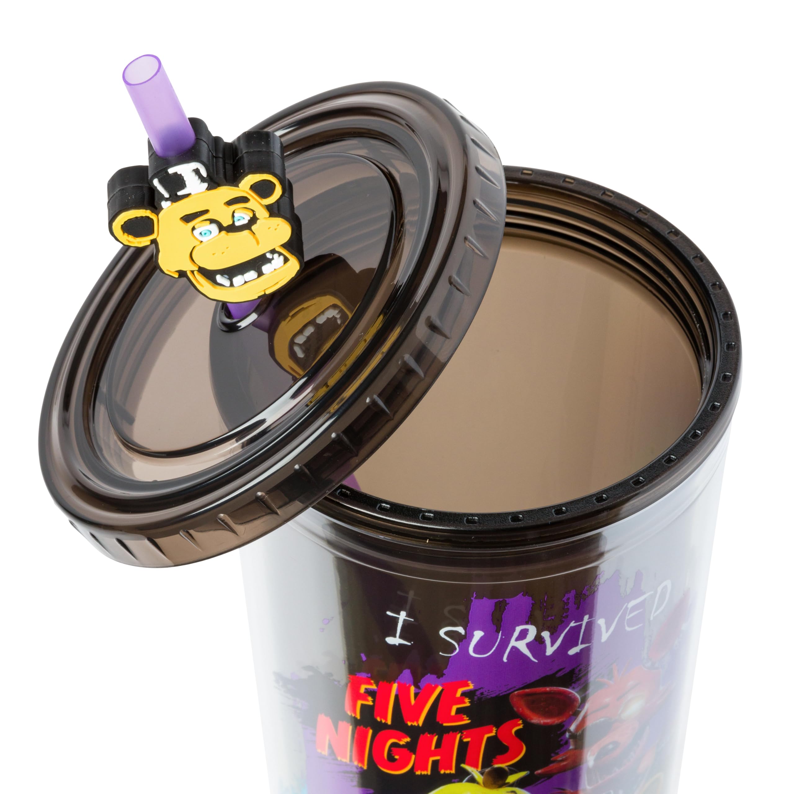 Silver Buffalo Five Nights at Freddy's Plastic Cold Cup with Lid and Straw Topper Featuring Freddy Fazbear, Foxy, Chica, and Bonnie, 24 Ounces