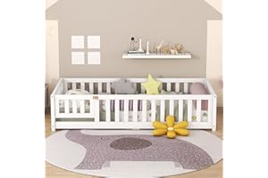 GLANZEND Twin Size Floor Bed with Removable Wood Slats, Safety Guardrails Fence and Lockable Door for Toddlers, Kids Montessori Beds Frame, for Girls Boys, White