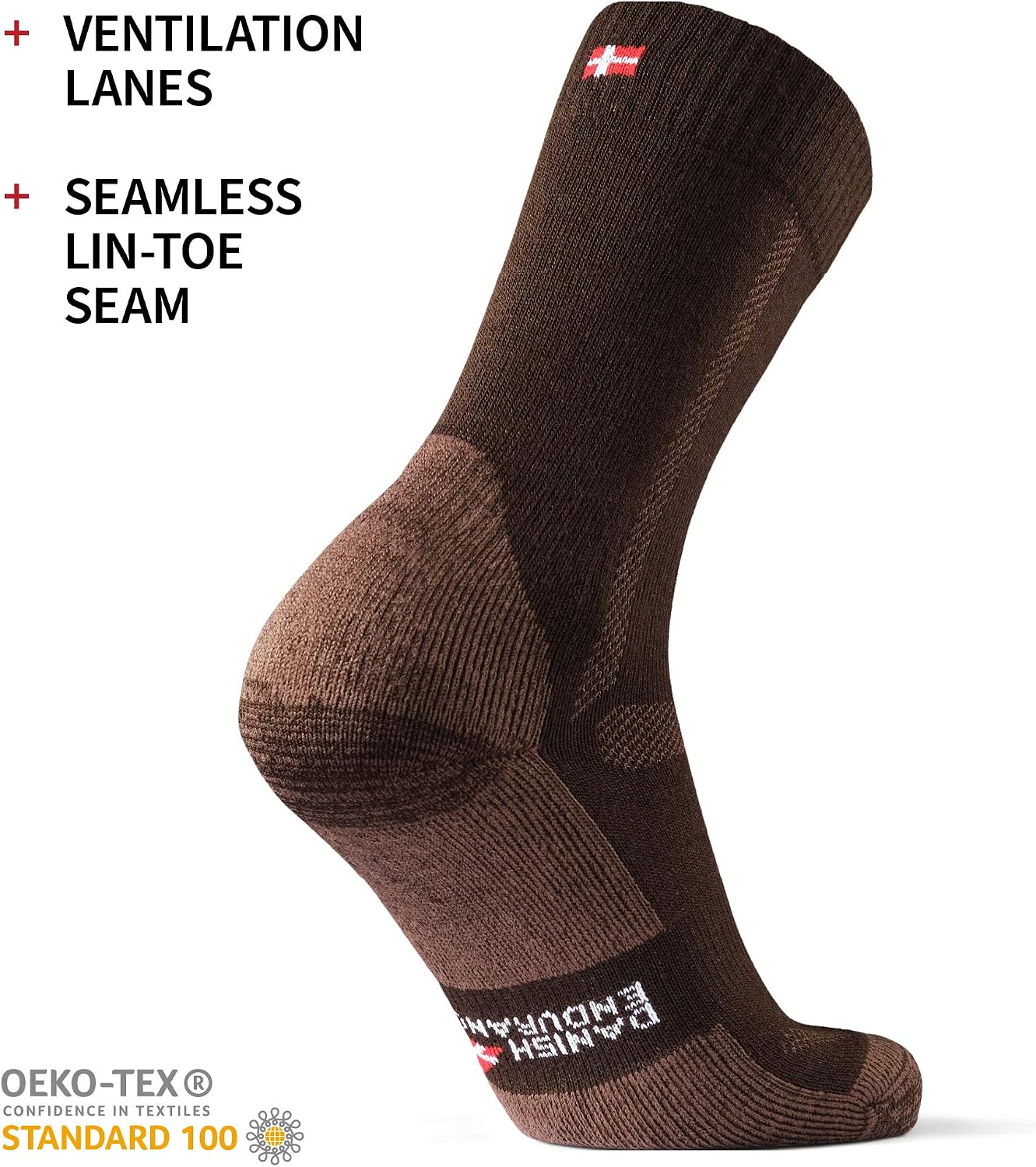 DANISH ENDURANCE Hiking Socks, Breathable Merino Wool Walking Socks, for Men & Women, Unisex, Oak Brown, 3-5 - Image 4