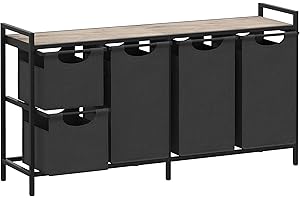 Yifeel Laundry Hamper with shelf, Laundry Basket 4 Section, Laundry room organization, Laundry Sorter with Pull-out 5 clothes bags(All 195.1L), Bedroom, Bathroom and Dorm, Greige and Black JLH003SG