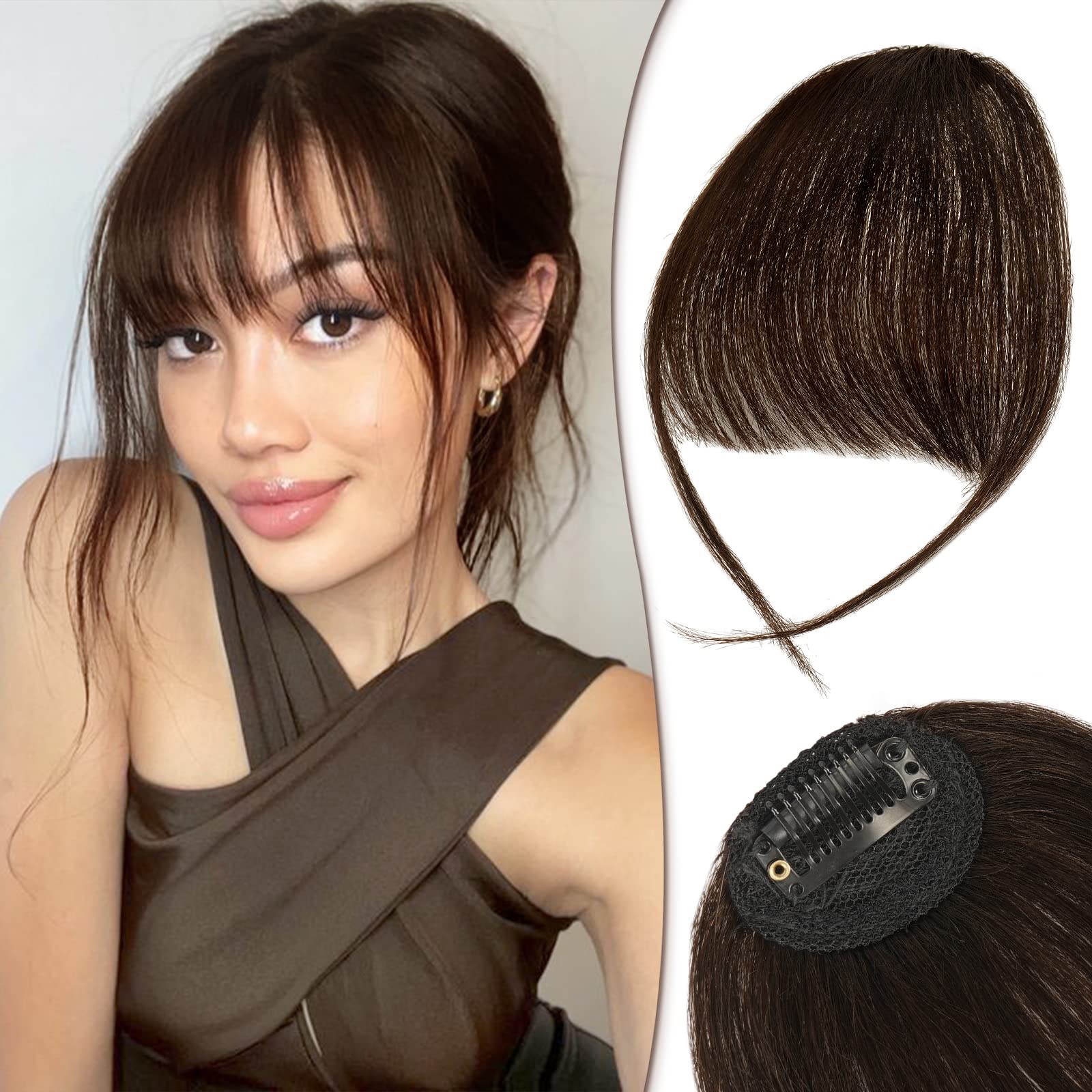 RUWISS Clip in Fringe 100% Human Hair Wispy Clips in Bangs with Temples Fringe Extensions Clip in Hair for Women Hairpieces for Daily Wear(Dark Brown)