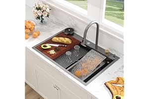 Sarlai 33 Inch Waterfall Kitchen Sink - 33x22 Black Waterfall Drop In Sink Workstation Stainless Steel 16 Gauge Smart Sinks Multifunction Single Bowl Top Mount Kitchen Sinks with Faucet Combo