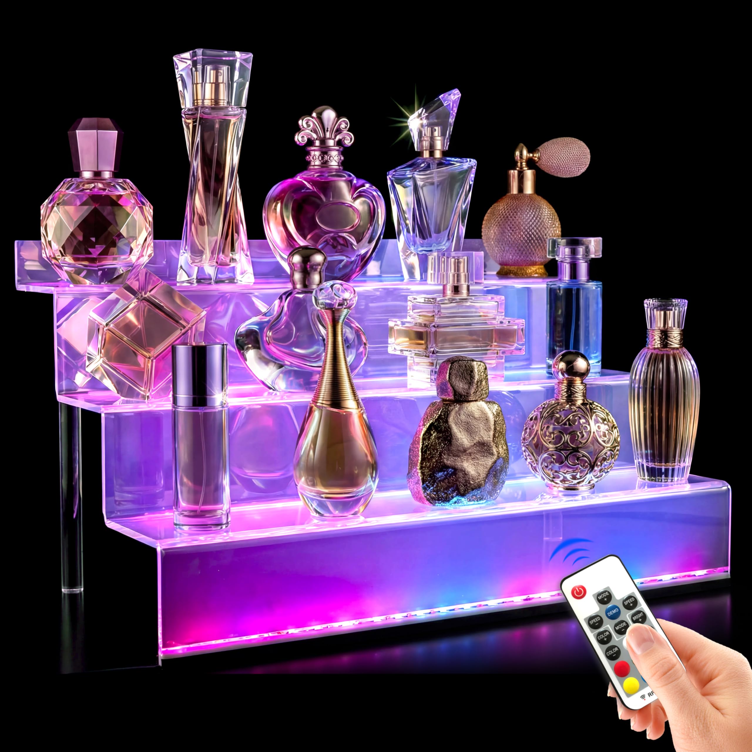 Photo 1 of 12 IN Clear Acrylic Display Riser Shelf with LED light,3 Tier Display Step Shelves Holder, Perfume Cologne Organizer Holder,Pops Toys Figures, Clear Cupcake Riser, Dessert Shelf, Decoration on