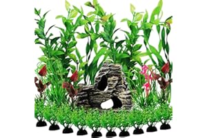 PIETYPET Fish Tank Accessories Aquarium Decorations Rock Plants, 20pcs Green Fish Tank Decorations Plants and Cave Rock Decoration Decor Set, Fish Tank Decor, Aquarium Decor Plastic Plants