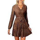 Simplee Womens Velvet Long Sleeve V Neck Fall Dress Tiered Flowy Mini Cocktail Dress Winter Casual Short Dresses 2025