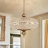 HUOKU 20.5" Antique Brass Crystal Chandelier, Large Farmhouse Dining Room Light Fixture, 5-Light Vintage Crystal Hanging Chan