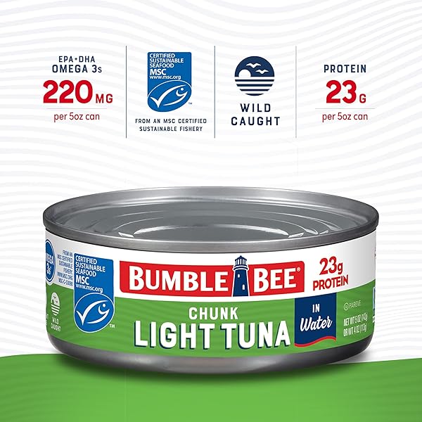 BUMBLE BEE CHUNK LIGHT TUNA IN WATER, 5 OZ CANS (PACK OF 24) – WILD CAUGHT SKIPJACK TUNA – 23G PROTEIN PER SERVING – MSC CERTIFIED SUSTAINABLE SEAFOOD, NON-GMO, GLUTEN FREE, KOSHER