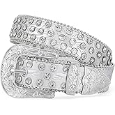 WERFORU Western Rhinestone Leather Belt,Cowgirl Cowboy Bling Belt For Jeans With Silver Vintage Western Buckle