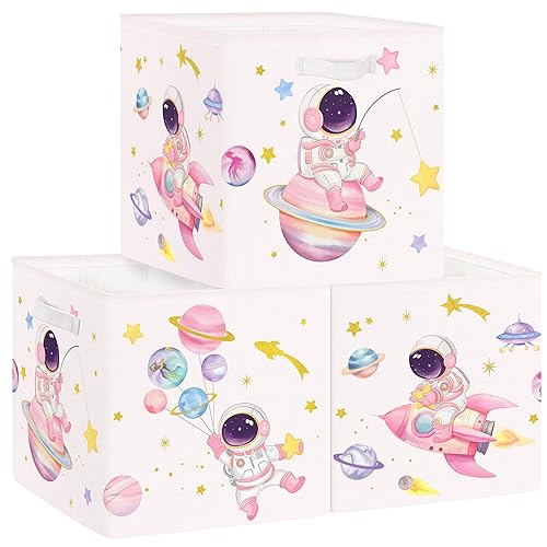 Clastyle 3 pcs Cosmic Space Kids Cube Storage Unit Boxes Planets Stars Storage Baskets for Shelves Boys Nursery Hamper Basket Book Clothes Toy Box Organizer,Astronaut,11.8x11.8x11.8 in