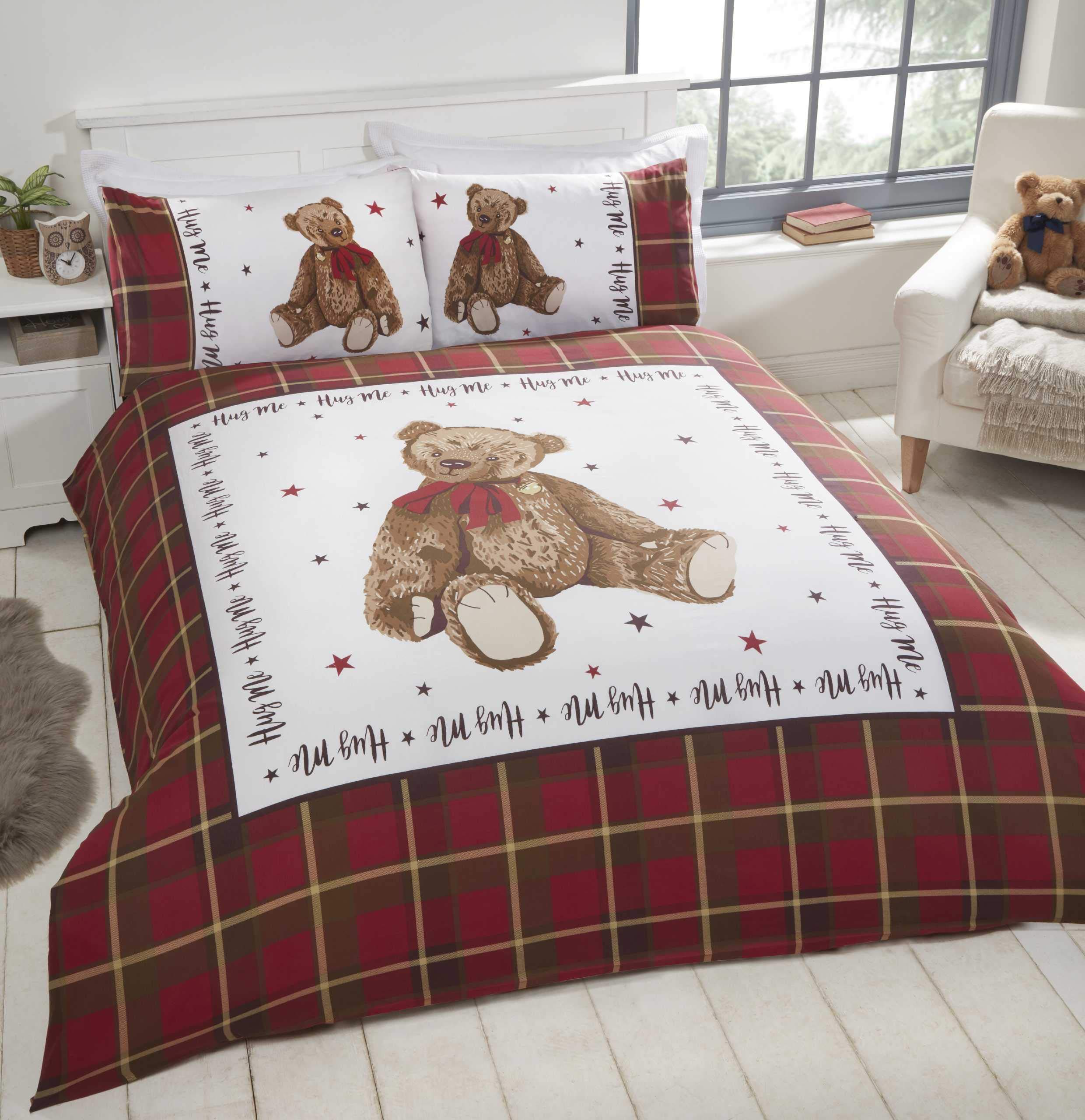 Rapport Home Hug Me Teddy Bear Checkered Reversible Red Single Duvet Cover Set