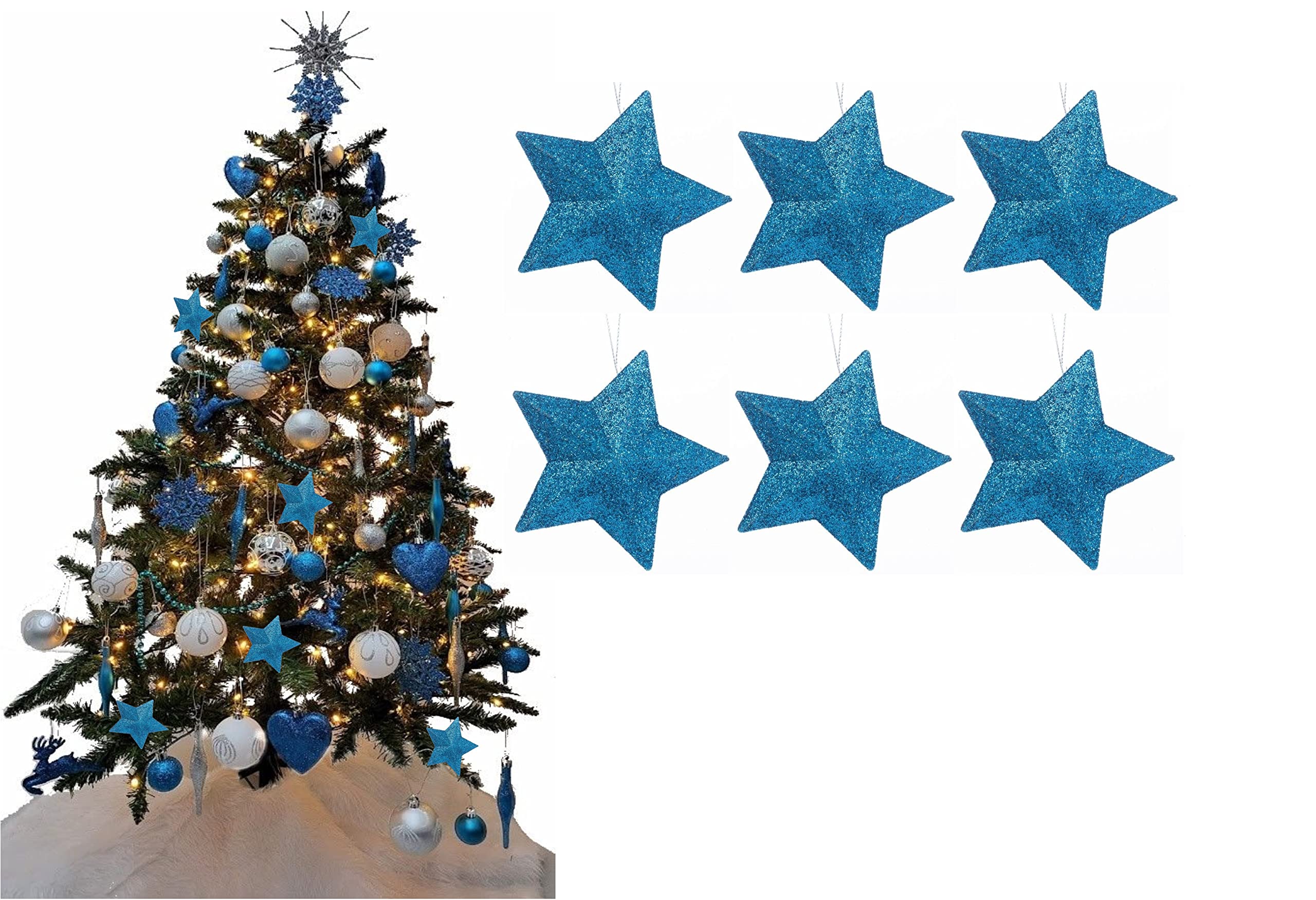 Pack of 6-8cm 3D Glitter Star Baubles Christmas Tree Decorations (Turquoise) — image 1