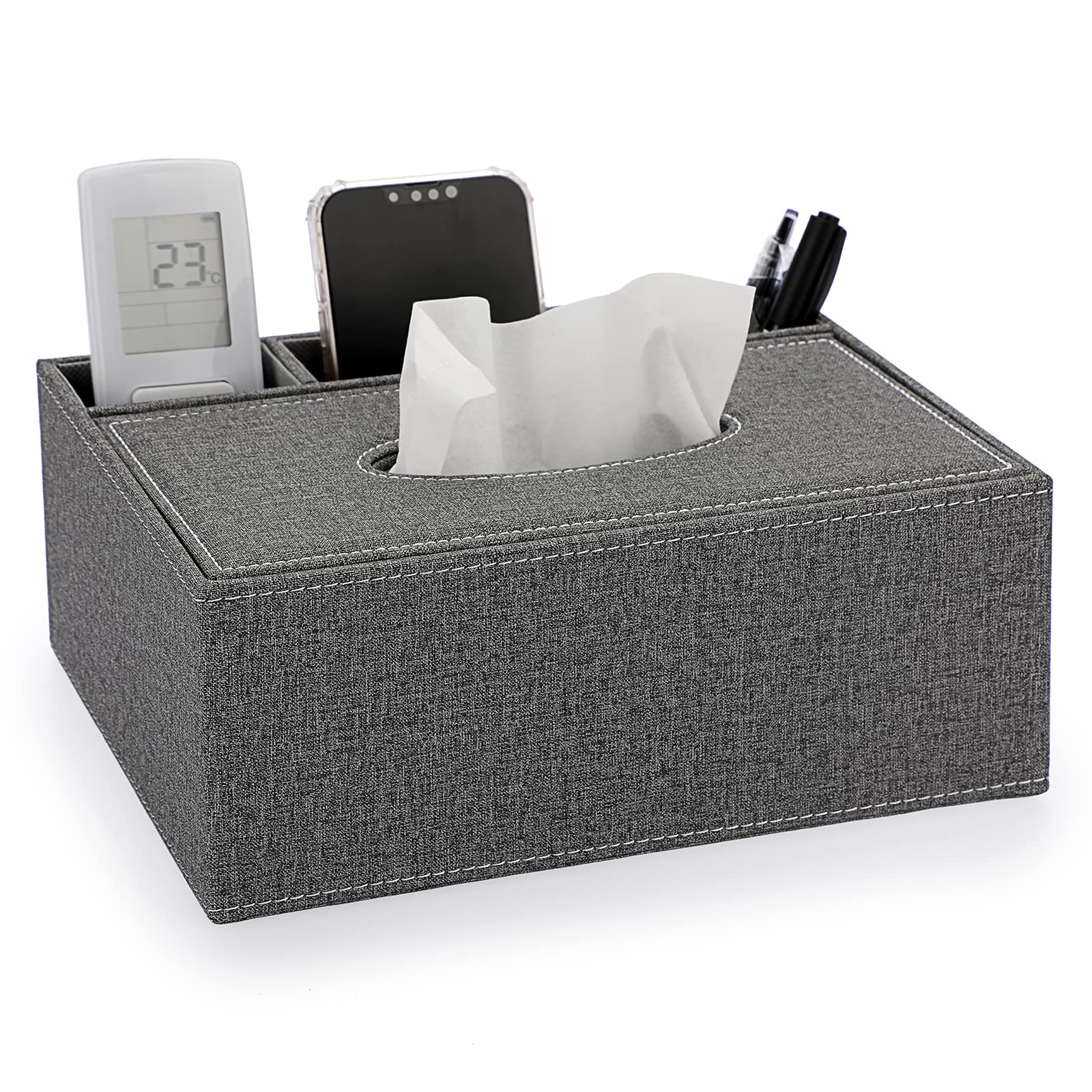 BTSKY Linen Household Office Rectangular Tissue Box with Remote Control Storage Organizer Box - Elegant and Stylish Home Napkin Holder Desktop Tissue Paper Holder Desk Storage Organizer (Grey)