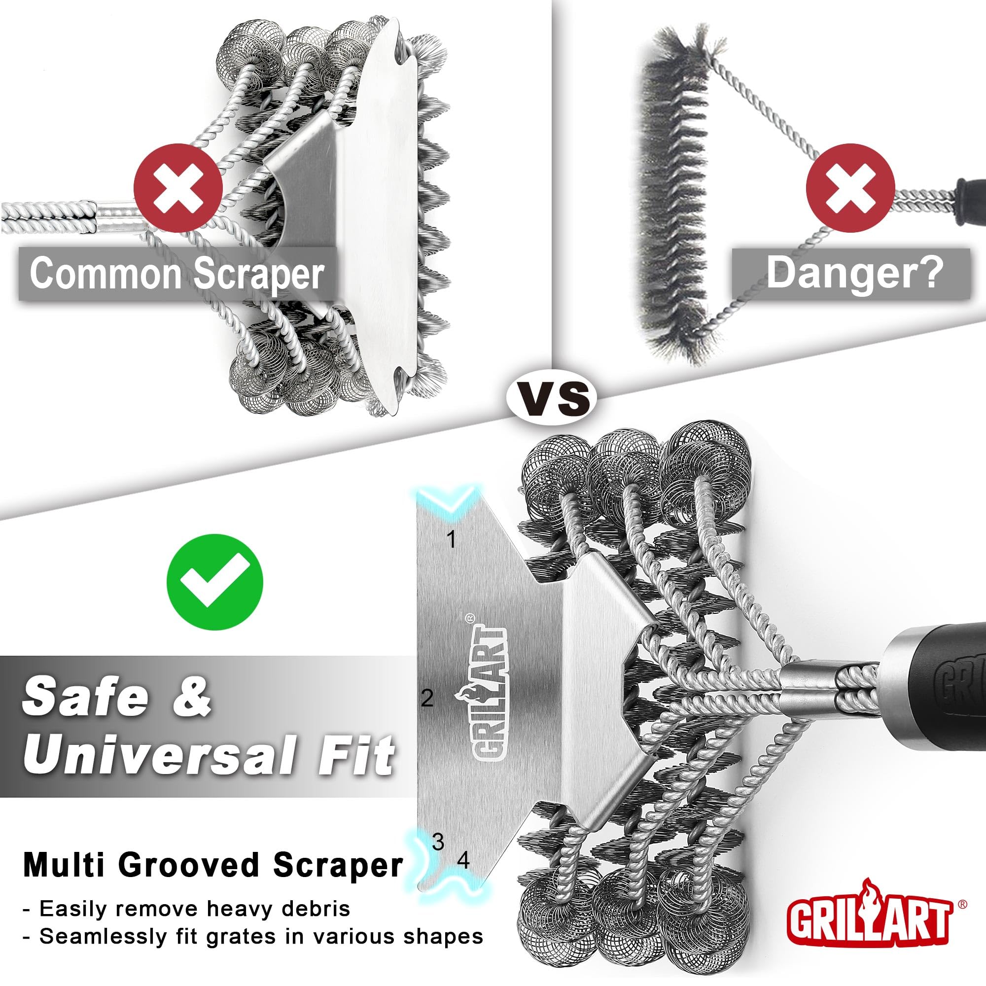 GRILLART Grill Brush and Scraper Bristle Free – Safe BBQ Brush for Grill – 18'' Stainless Grill Grate Cleaner - Safe Grill Accessories for Porcelain/Weber Gas/Charcoal Grill – Gifts for Grill Wizard