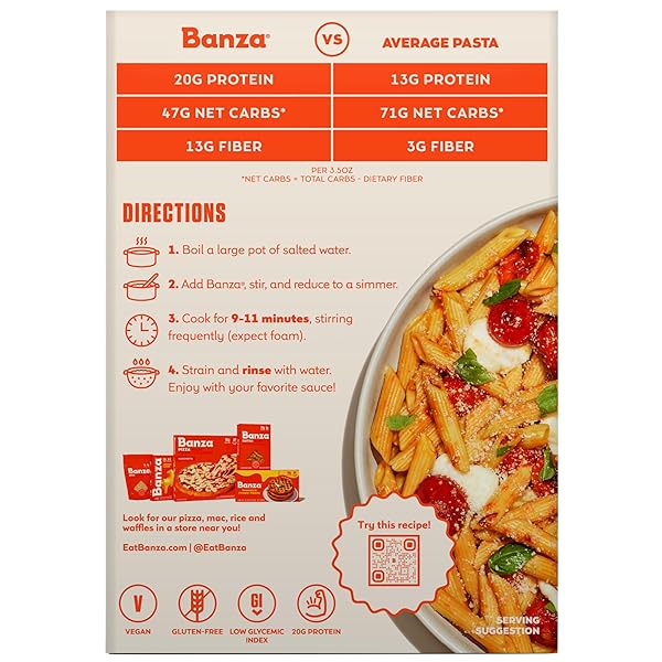 BANZA PENNE PASTA FROM CHICKPEAS – GLUTEN FREE, HIGH PROTEIN, AND LOWER CARB PROTEIN PENNE CHICKPEA PASTA – 8OZ