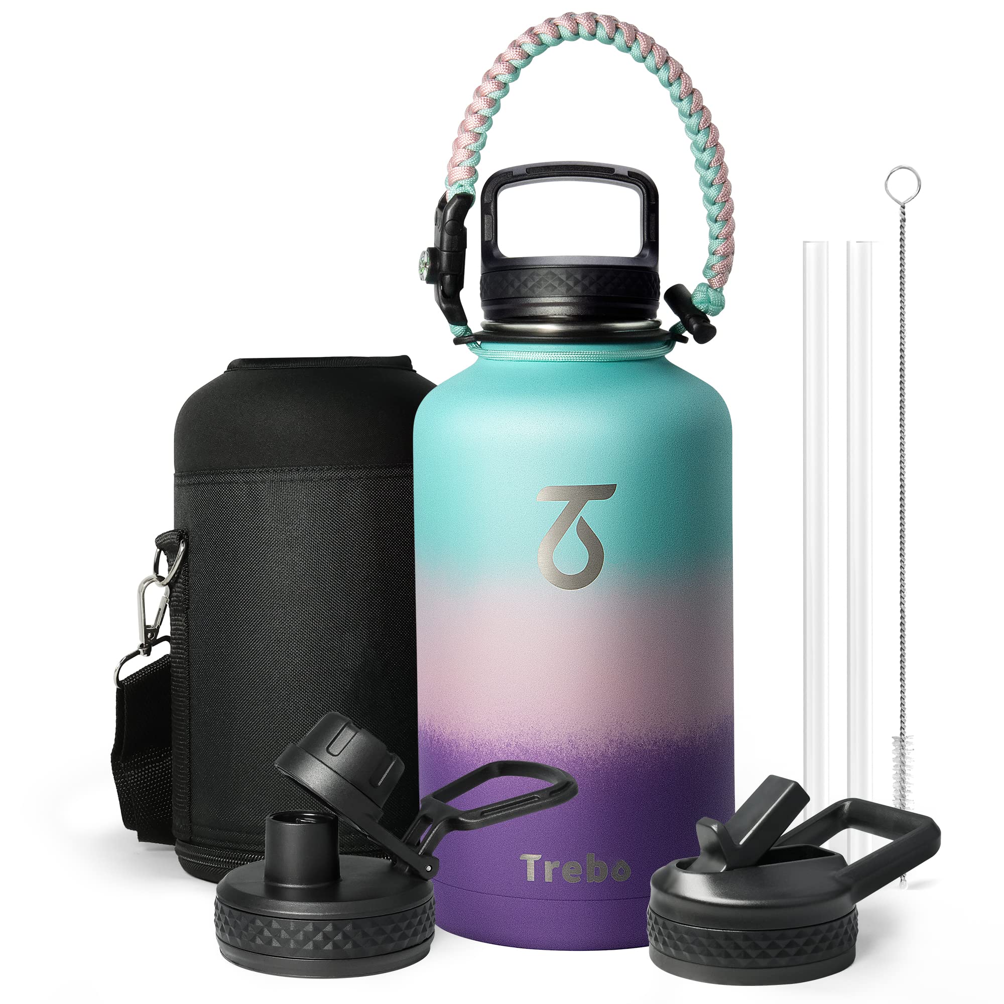 Trebo Stainless Steel Water Bottle 2 L, Wide Mouth Insulated Water Bottle Double with Paracord Handle Sports Bottle Keep Cold 48 Hours Water Jug with 3 Lids, Hydrangea — image 1