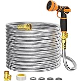 Girafe Tools Garden Hose 100ft x 5/8", 304 Stainless Steel Metal Water Hose, No Kink Garden Water Hose with 9 Pattern Spray Nozzle, Flexible, Lightweight, Kink Free Hose for Yard, Outdoor