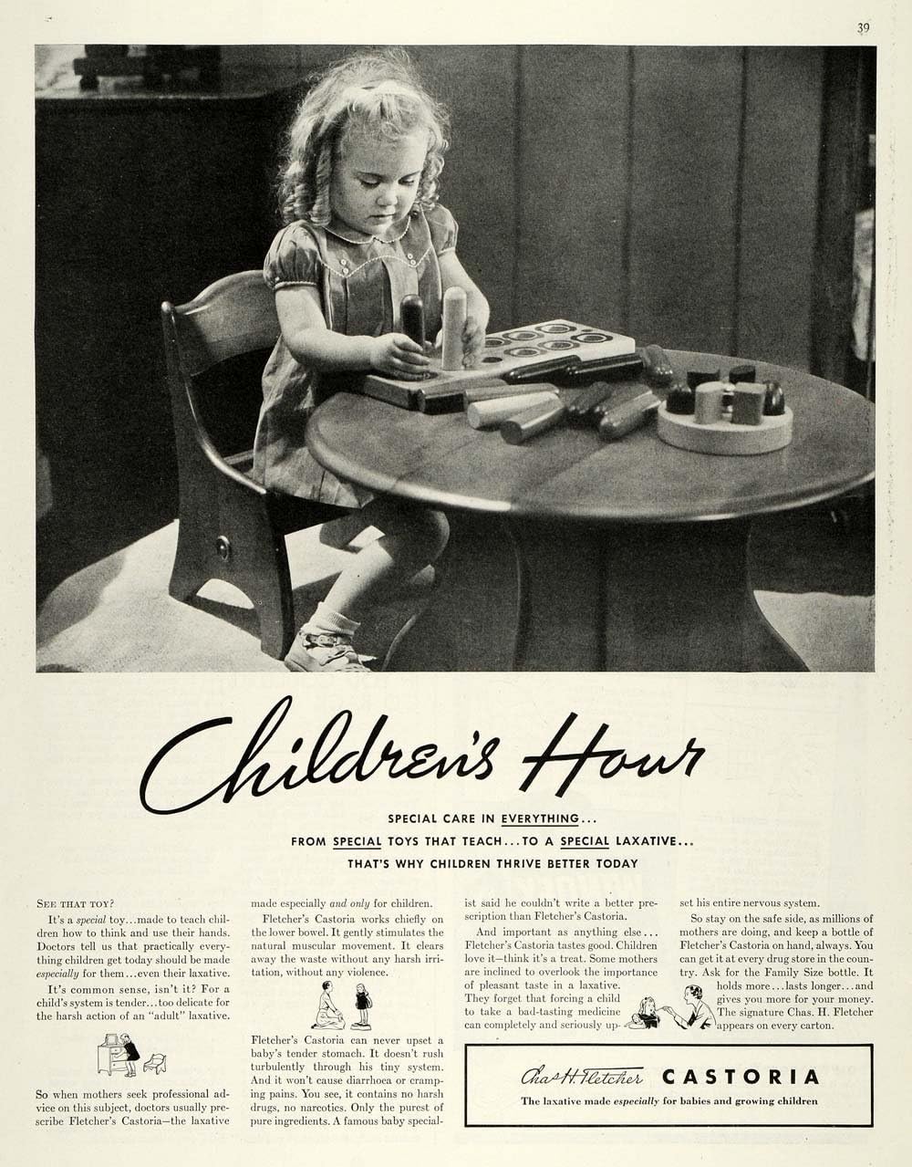 1937 Ad Castoria Children Laxatives Girl Playing Blocks