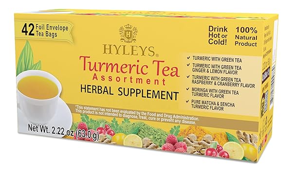 HYLEYS TURMERIC WITH GREEN TEA ASSORTED FLAVORS – ANTIOXIDANT-RICH HERBAL TEA VARIETY PACK – 42 TEA BAGS