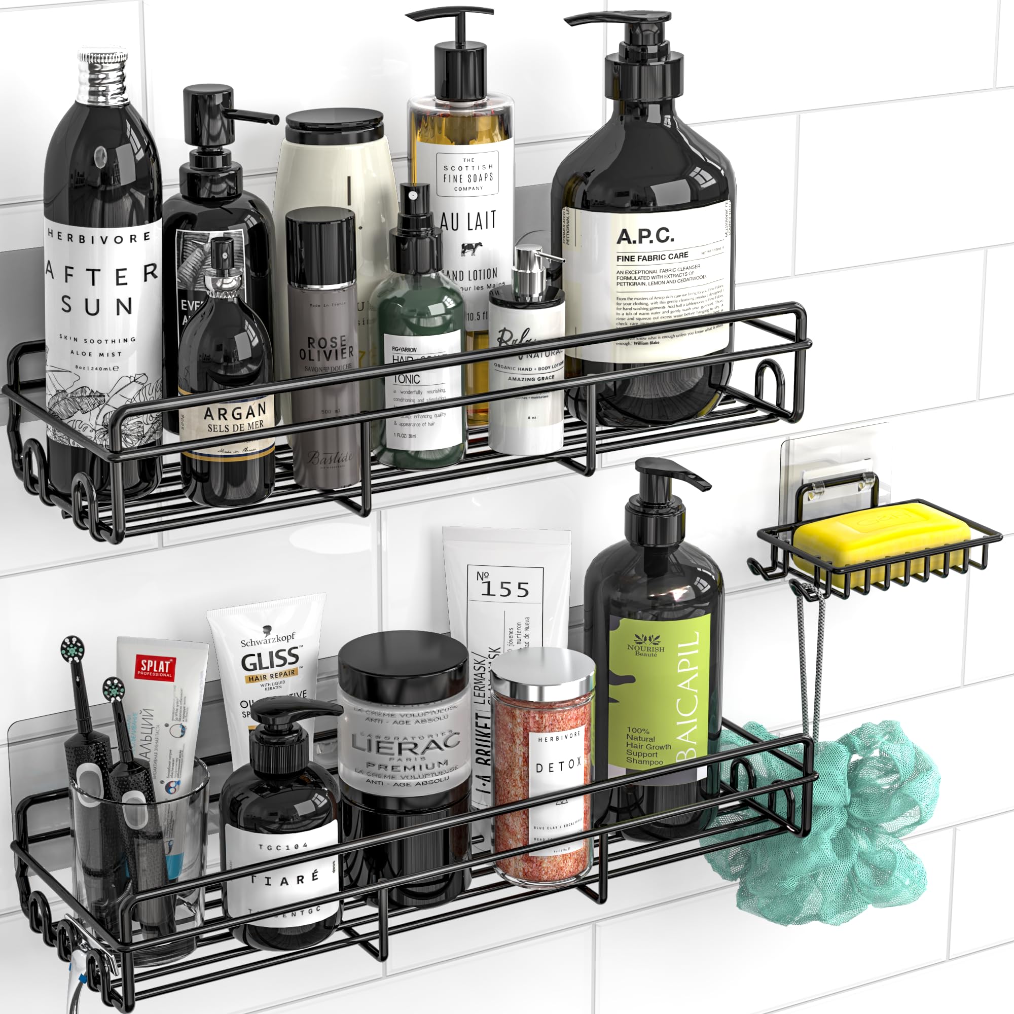 Moforoco 3-Pack Shower Caddy Basket Shelf with Soap Holder, No Drilling Traceless Adhesive Shower Wall Shelves, Rustproof Black Bathroom Shower Storage Organizer