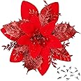 15 Pcs Red Poinsettia Artificial Flowers Glitter Artificial Christmas Flowers Decorations with Clips for Xmas Tree Ornaments Wedding Party Wreath Decor