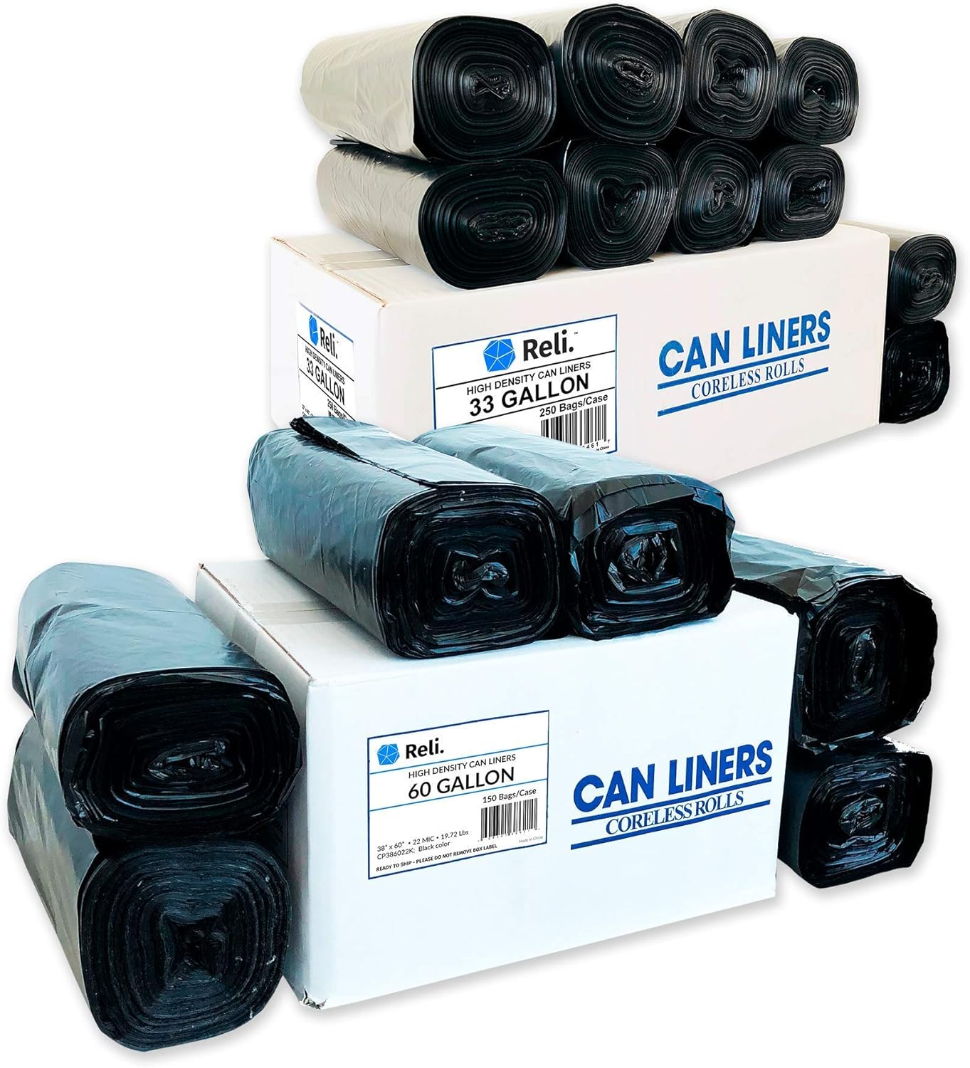 Trash Bags 55-60 Gal (150 Bags) & 33 Gallon Trash Bags (250 Bags)
