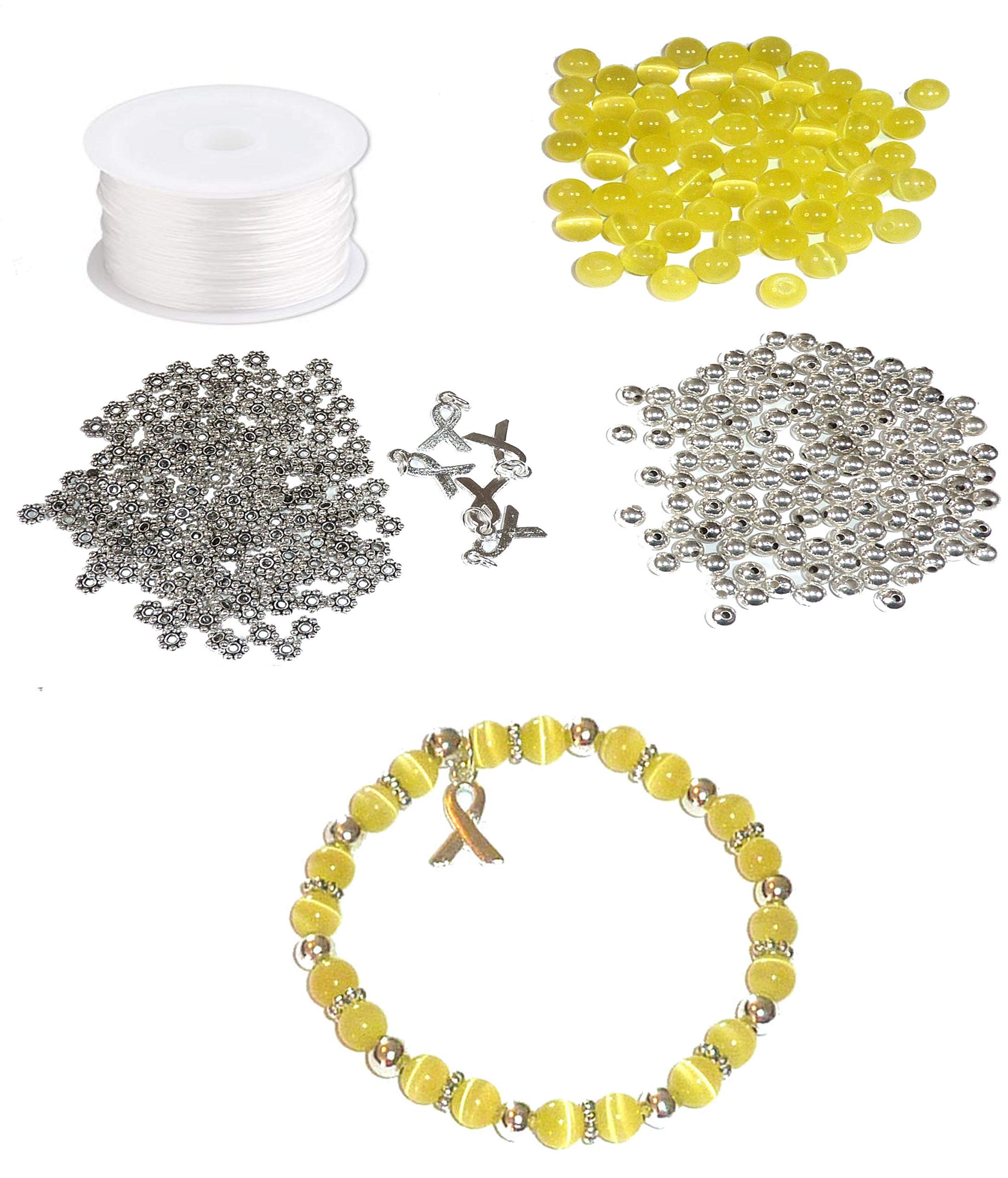 DIY Craft Kit, Everything to Make Cancer Awareness Bracelets, Uses Stretch Cord, for Fundraising and Gifts, Bladder Cancer Sarcoma - Yellow - Makes 5, Stretch Cord Bracelet