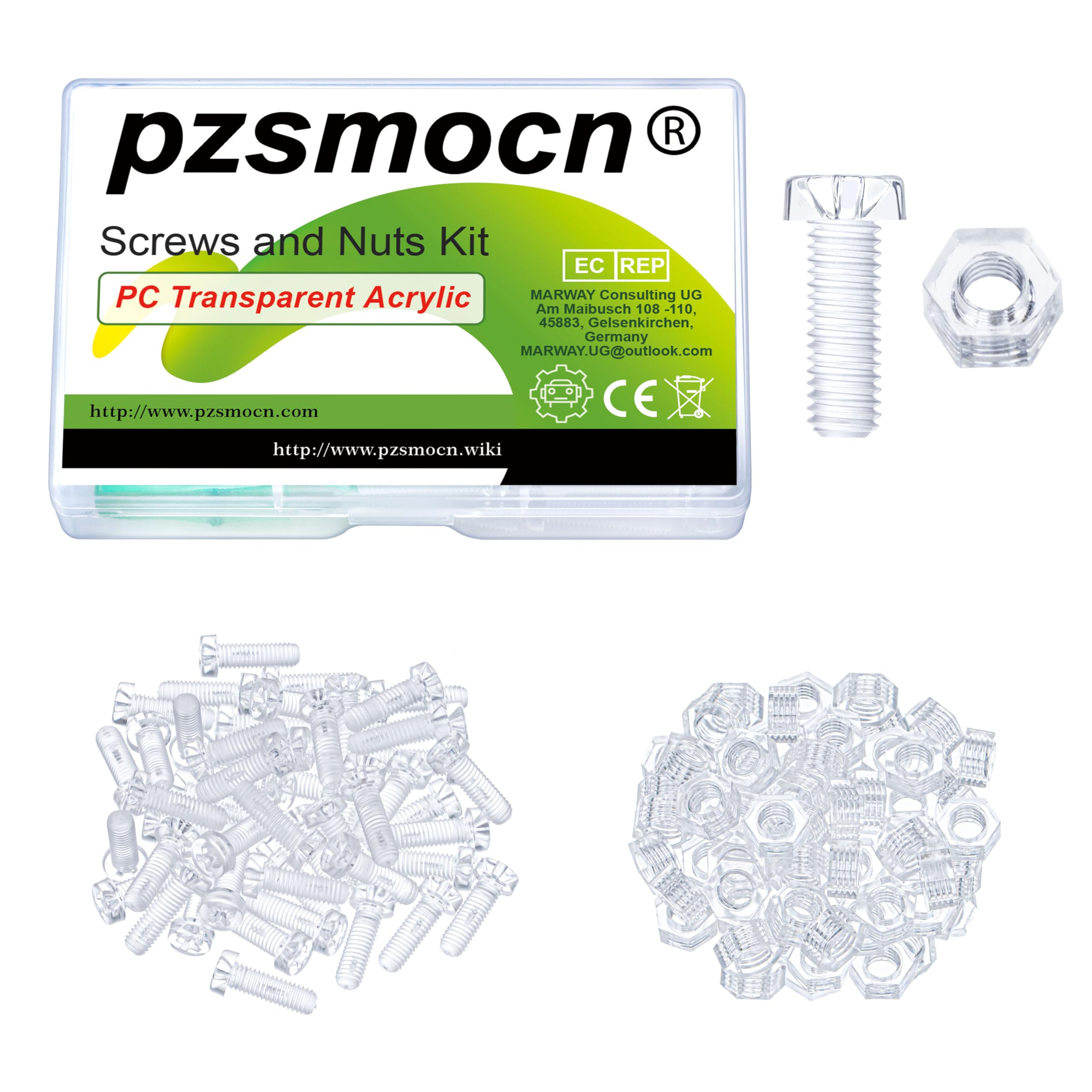 Pzsmocn 100 Pieces/50 Sets M5*15 mm PC Transparent Plastic Cross-recessed Round Head Screws and Hexagonal Nuts Kit, Corrosion-resistant, for DIY, Model and Electronic Product Fixation.