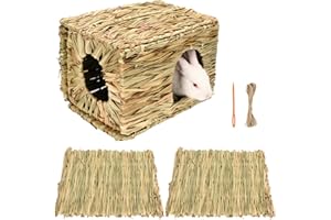 S SANGLE SOPFFY Grass House for Rabbits (1pc) and Grass mat for Rabbit Bunny(2pcs) Sangle Sopffy, Hand Woven Straw Hut, Small Animal Cages Hay Mat for Guinea Pig Parrot Rabbit Bunny Hamster Chinchilla Squirrel…