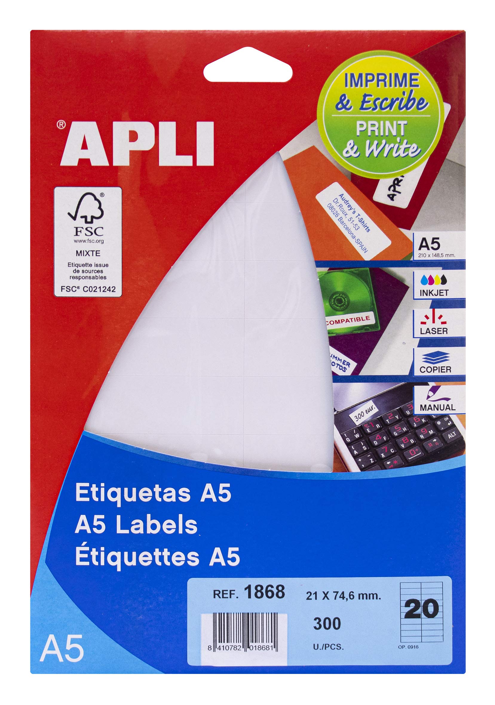 APLI 1868-A5 White Labels 21.0 x 74.6 mm 15 Sheets