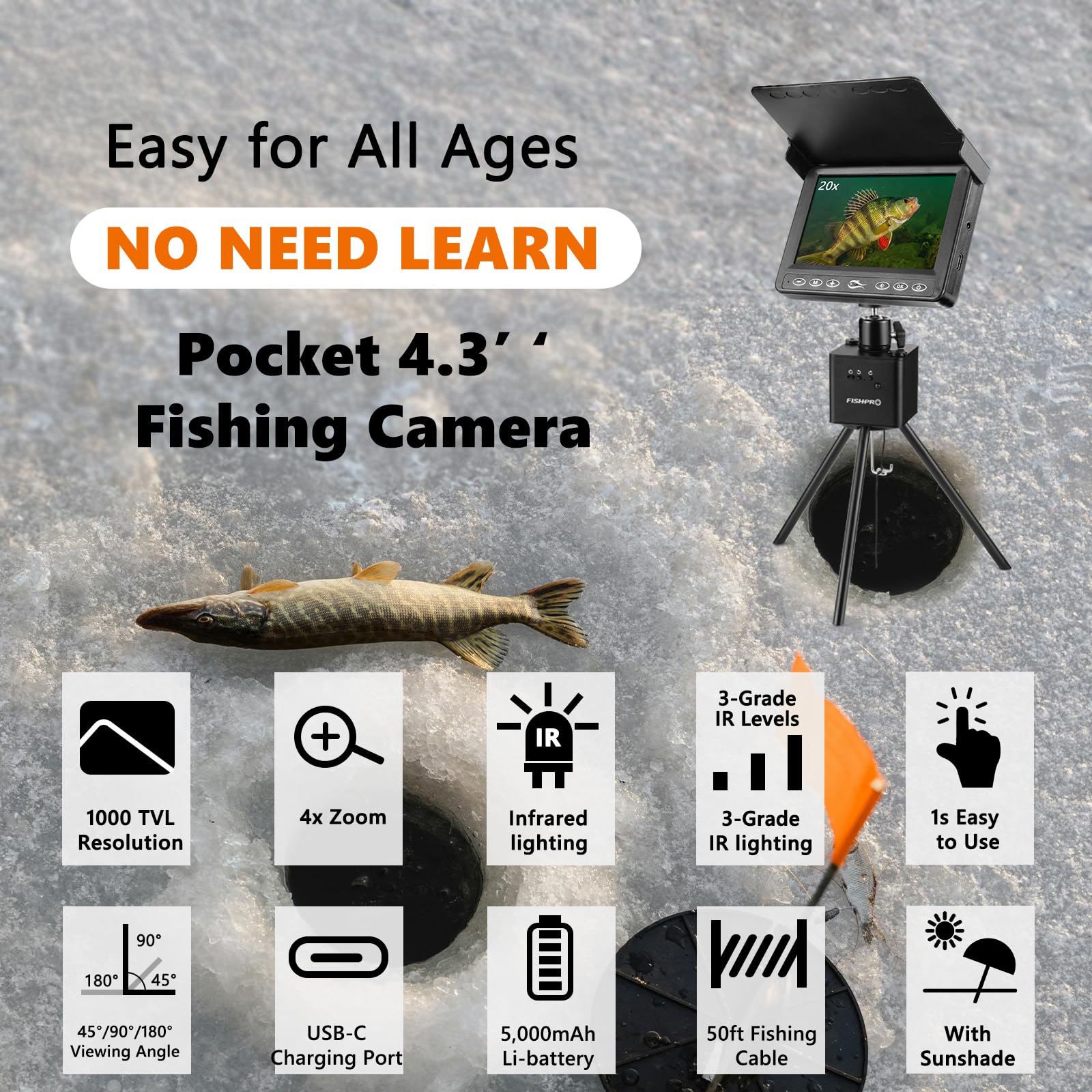 [FishPRO® 2026 Upgrade] The PRO in Underwater Fishing Camera -4.3'' Ice Fishing Camera Underwater(NO Need Learn), 1000TVL, Ice Fish Gift for Men, Ice Fish Finder for Boat Fish w/IR/USB-C/5,000mAh/65ft