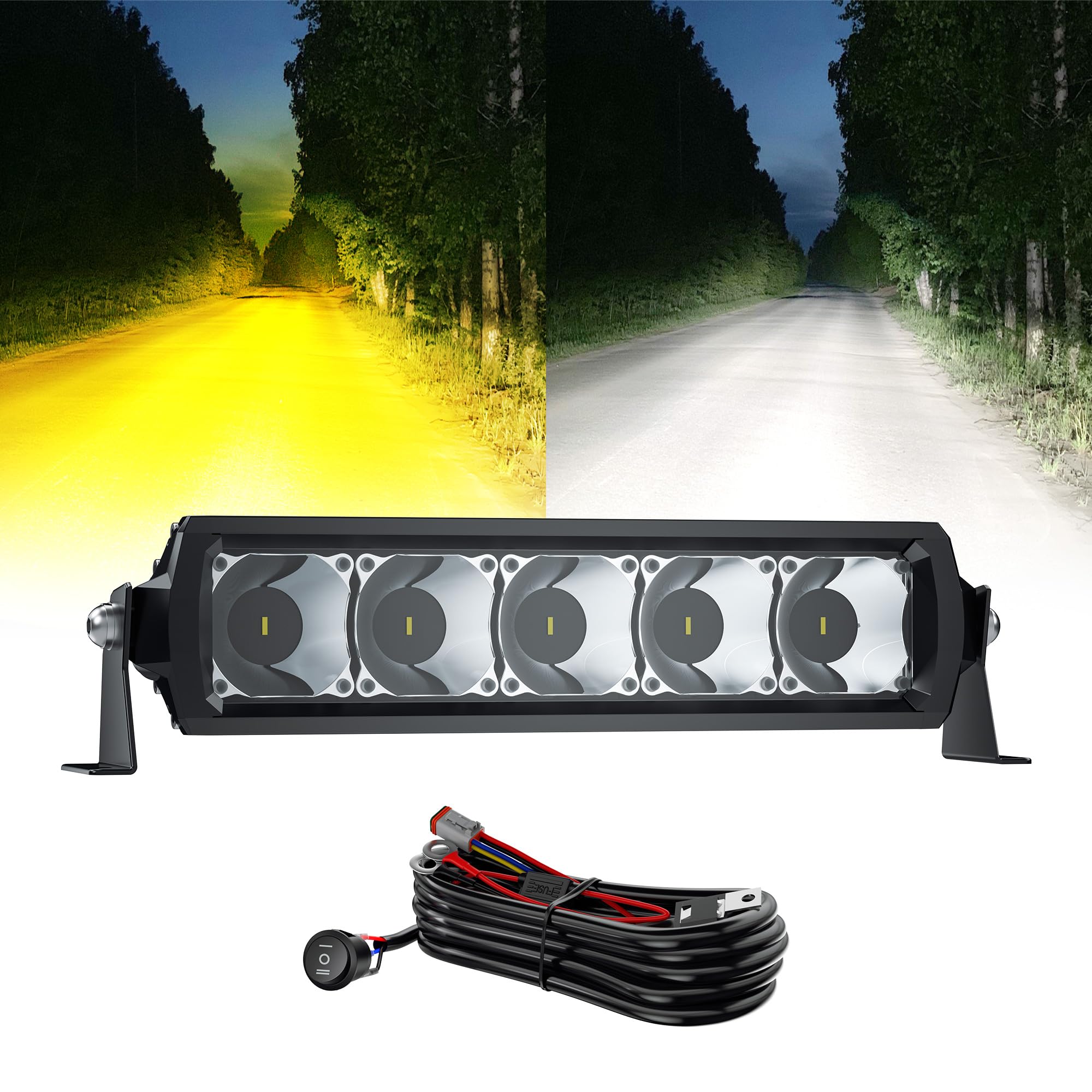 Photo 1 of EK ENNOKING White Amber LED Light Bar 12 Inch Single Row 75W Dual Color Big Reflectors Spot LED Work Light Bright Driving Fog Lamp with Wiring Harness for Pickup Off Road Truck ATV Boat IP68 IP69K