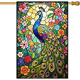 BlissYard Peacock House Flag 28 x 40 Inch Garden Flag Double Sided Floral Stained Glass Design for Spring Summer Outdoor Yard Banner Porch Decoration Vibrant Seasonal Décor for Garden Patio Yard