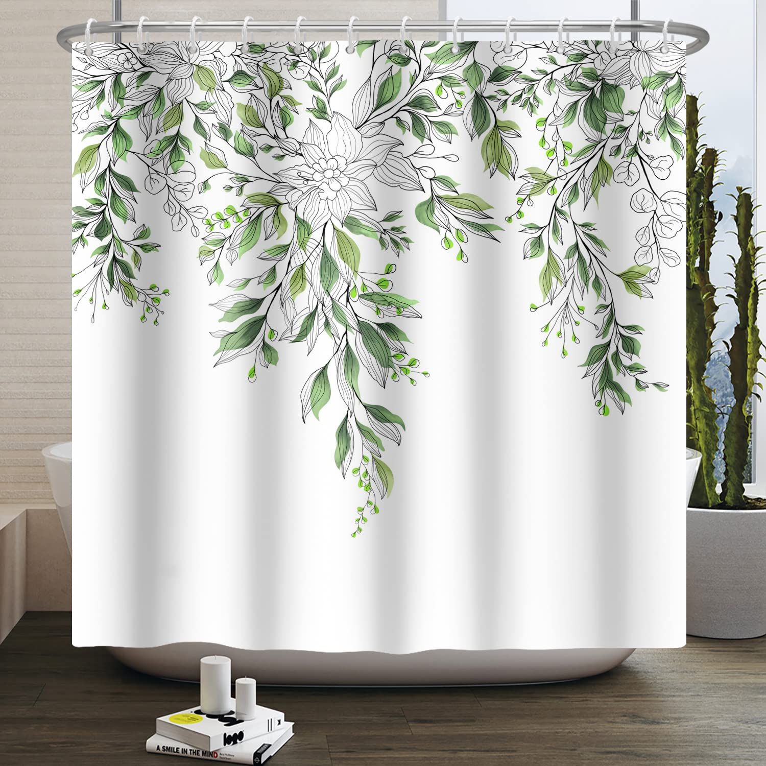 MIRRORANG Shower Curtain, Green Leaves Printed Shower Curtains Mildew & Mould Resistant Polyester Bath Curtains with 12 Hooks, Waterproof Quick-Drying Fabric Plant (180 x 180 cm) — image 1