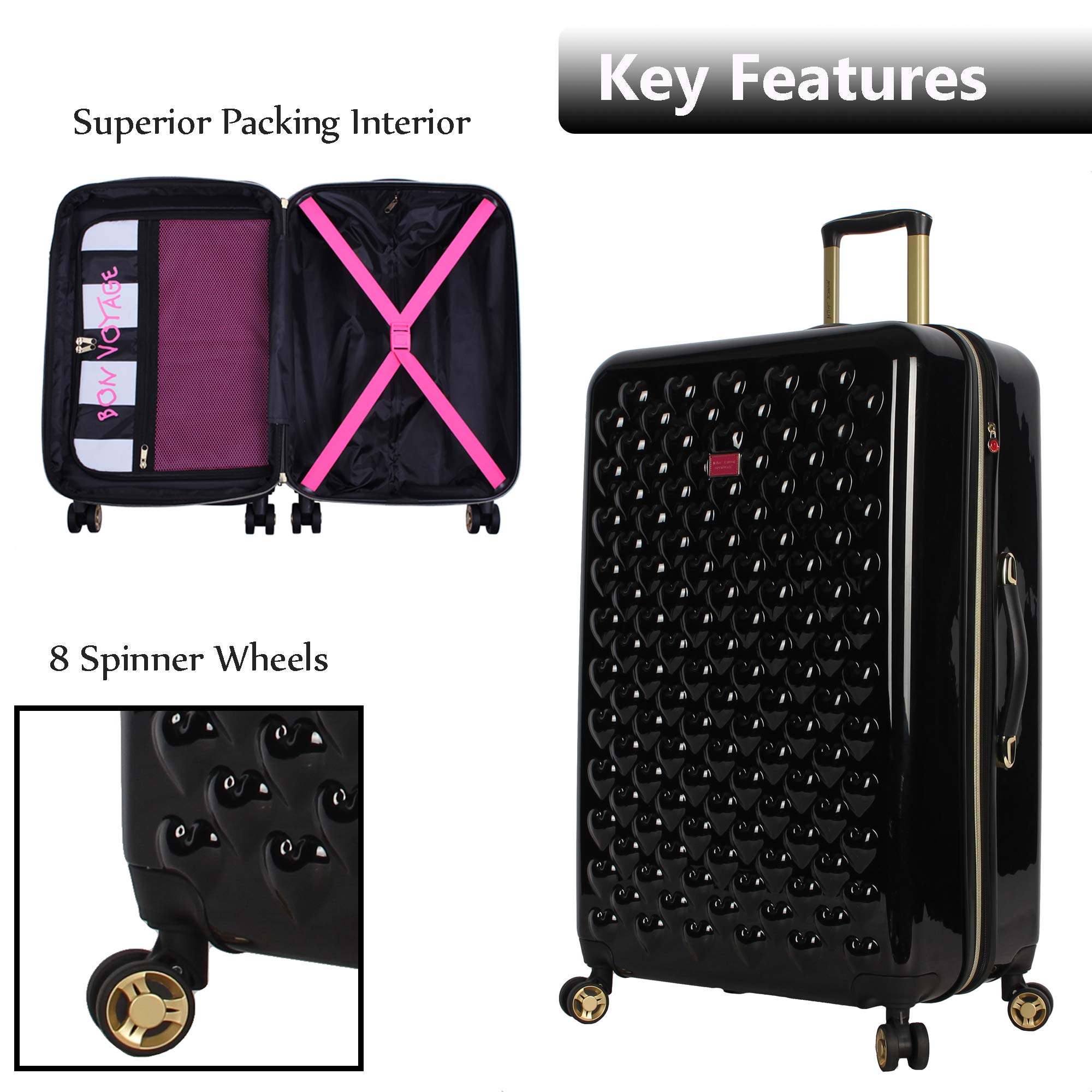 Betsey Johnson Luggage Hardside 3 Piece Set Suitcase With Spinner Wheels (20