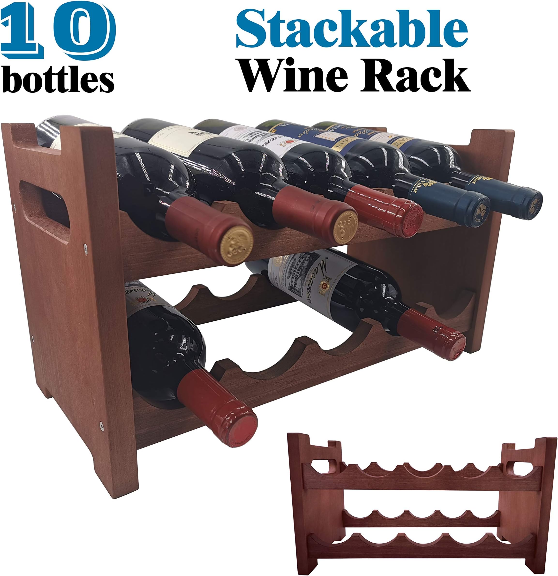 Yonor Stackable Rustic Brown 10-Bottles Wine Rack, Tabletop 2-Tier Solid Pine Wood Wine Display Rack, Free Standing and Countertop Wine Storage Shelf (2-Tier: 10 Bottles, Rustic Brown)