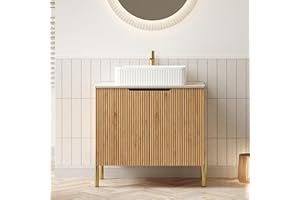 RAINLUX 30" Bathroom Vanity with Sink, Modern Bathroom Vanities with 2 Soft-Closing Doors, Freestanding Bathroom Cabinet with Ceramic Basin & Travertine-Pattern Sintered Stone Counter Top-Colmar, Natural Wood