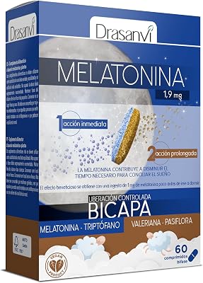 Melatonina Bicapa de 1,9 mg con Triptófano, Pasiflora y Valeriana | Doble Acción |Contribuye a Conciliar el Sueño de manera rápida y a una Relajación Natural | Envase 60 comp. = 60 Días