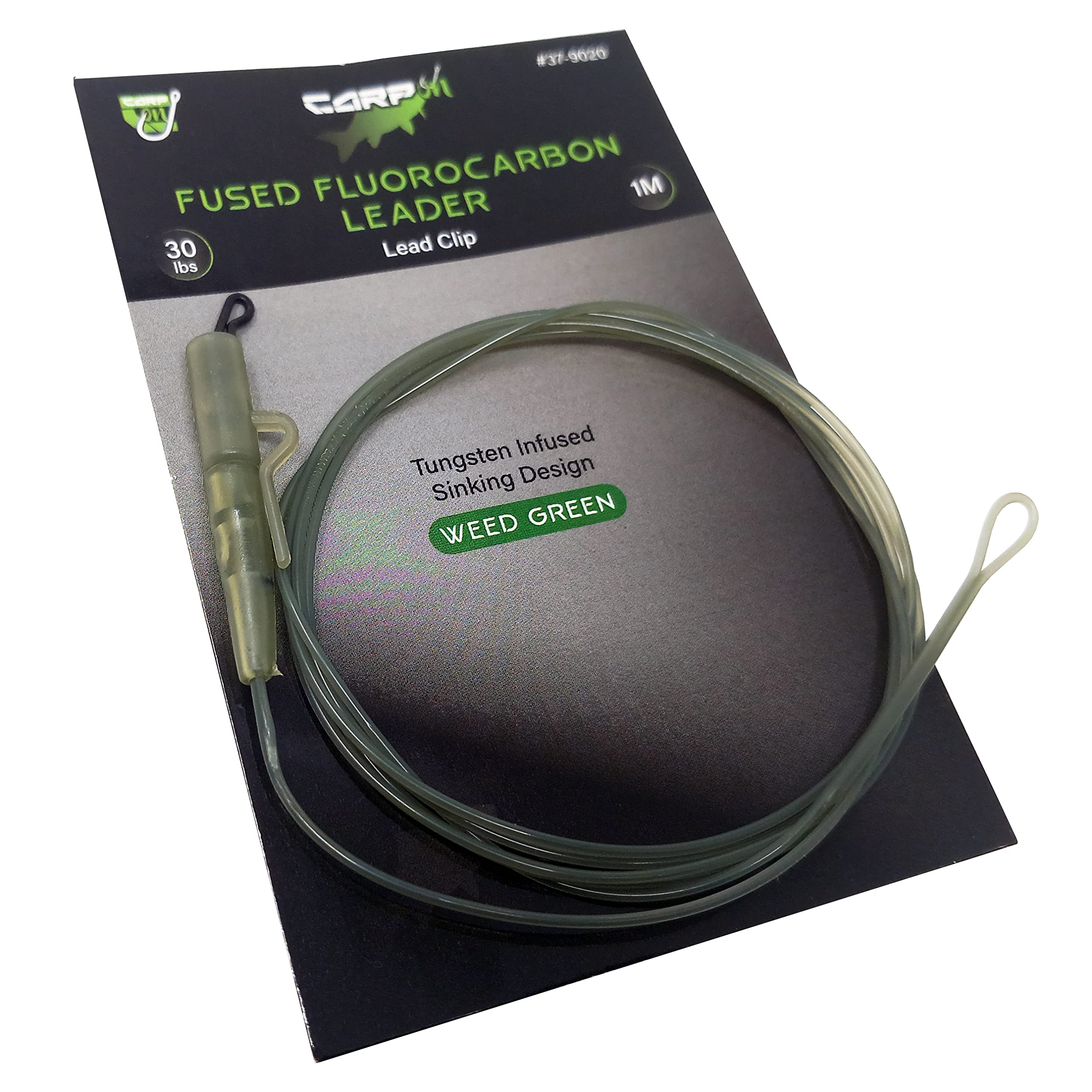 CARP ON - 1m/100cm 30lb CARP LEADER Line - Tungsten Infused Fluorocarbon Quick Link Swivel - Sinking Design - (Basic + Tail Rubber & lead Clip, Camo Green) [37-9020]