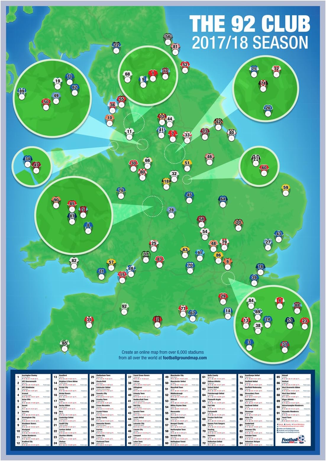 92 Club Football Stadium Map - A1 Wall Poster - 2017/2018 Season