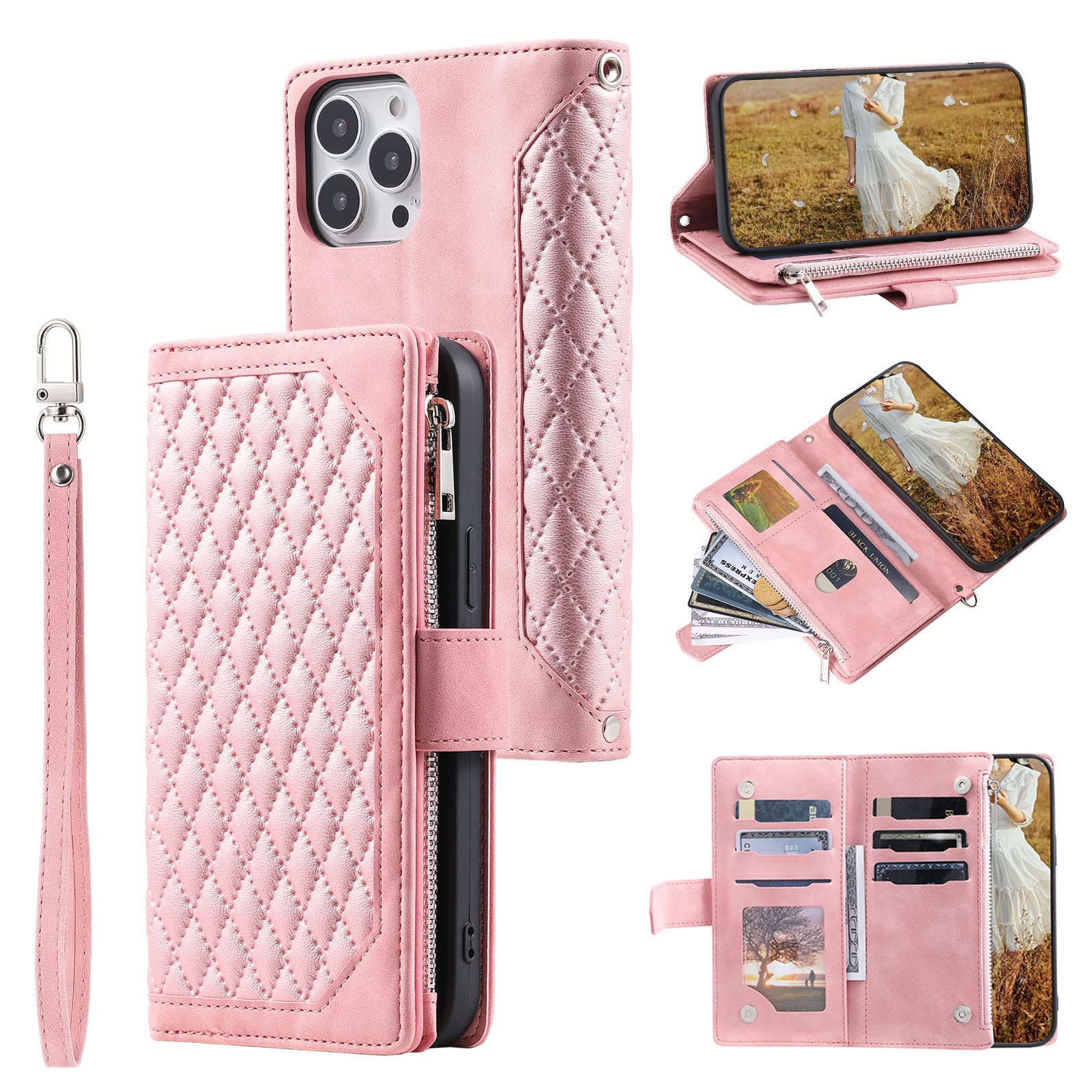 QLTYPRI Wallet Case for iPhone 16 Pro Max,Luxury Quilted PU Leather Wallet Case with Card Slots for Women,Magnetic Zipper Purse Case with Wrist Strap Kickstand Shockproof Flip Cover-Rose Gold