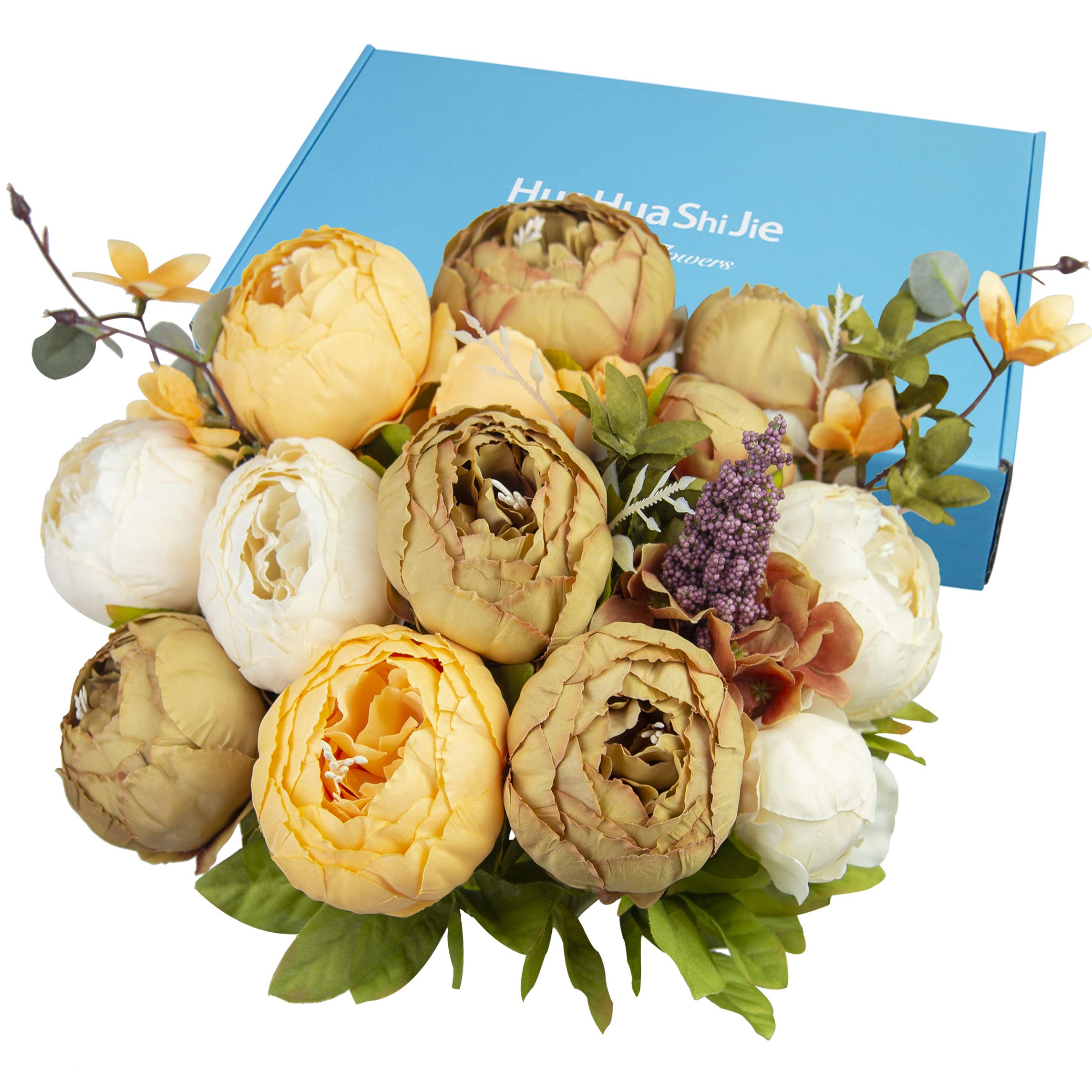 HUAHUASHIJIE Vintage Artificial Peonies Silk Peony Flowers Bouquet for Wedding Bridal Home Décor – Beautiful Floral Centerpiece Arrangement Decoration with 2 Bouquets (Brown, Orange White)