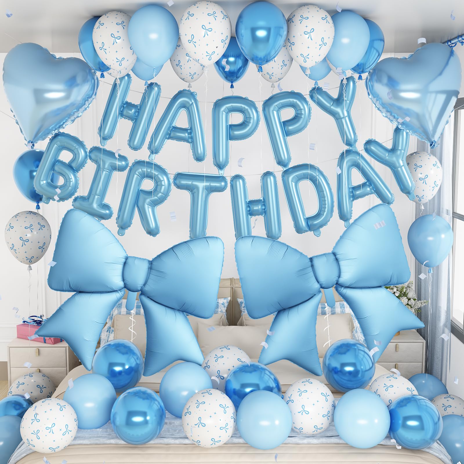 Froova Blue Bow Birthday Decorations Pastel Baby Light Blue Metallic White Bows Print Party Balloon Happy Birthday Banner 38 In Coquette Foil Balloons Heart Balloon for Men Boys Bday Party Supplies β image 1