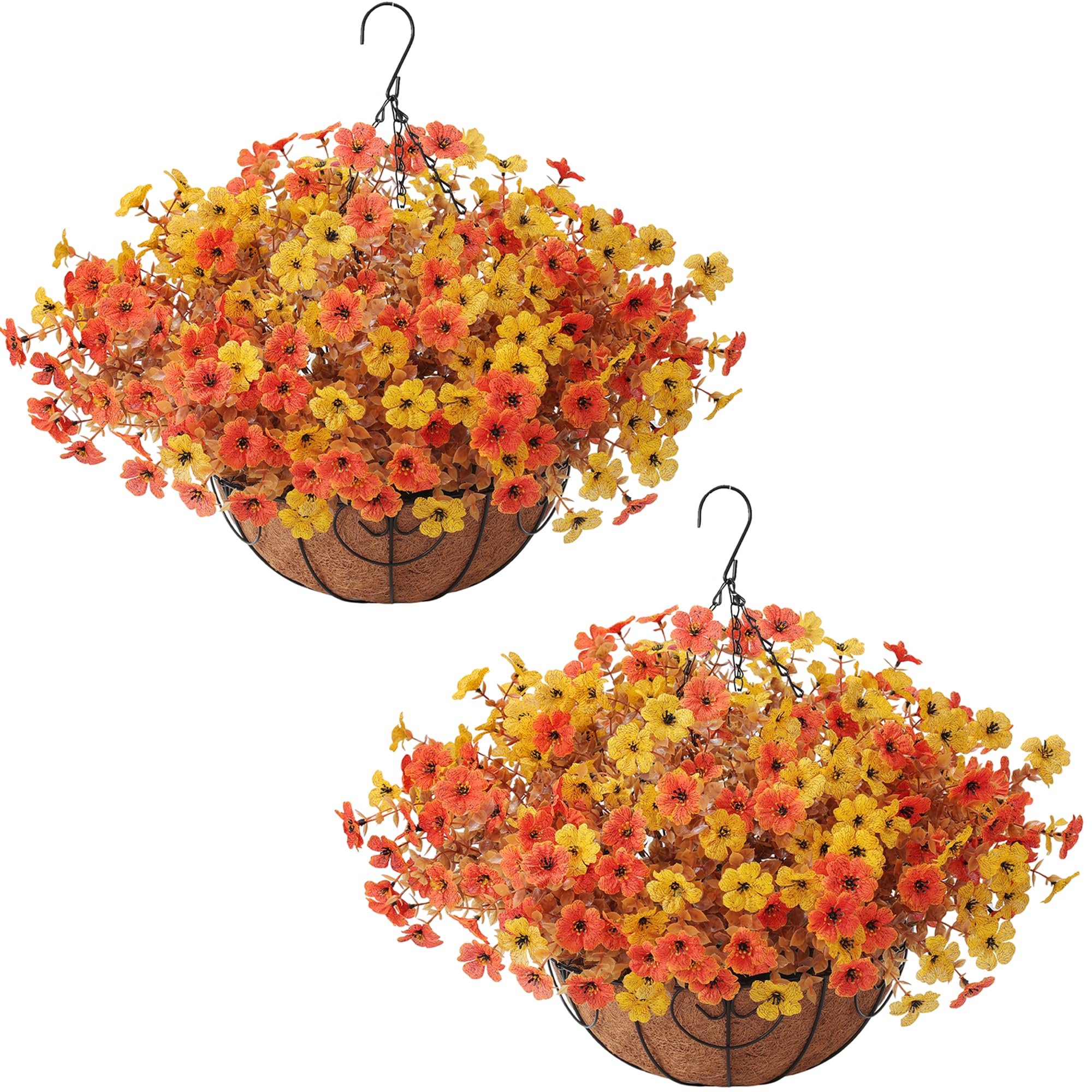 Photo 1 of 2 Set Artificial Fake Fall Flowers with Hanging Basket for Outdoors Decoration,Faux Mums Fake Silk for Outside,UV Resistant Fake Mums 24 Pcs Daisy Flowers for Patio Porch Garden Decor(Orange Yellow)