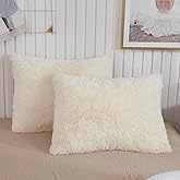XeGe Faux Fur Throw Pillow Cases, Plush Shaggy Ultra Soft Pillow Covers, Fluffy Crystal Velvet Decorative Pillowcases, Furry Fuzzy Pillow Shams Zipper Closure, Set of 2 (King, Light Beige)