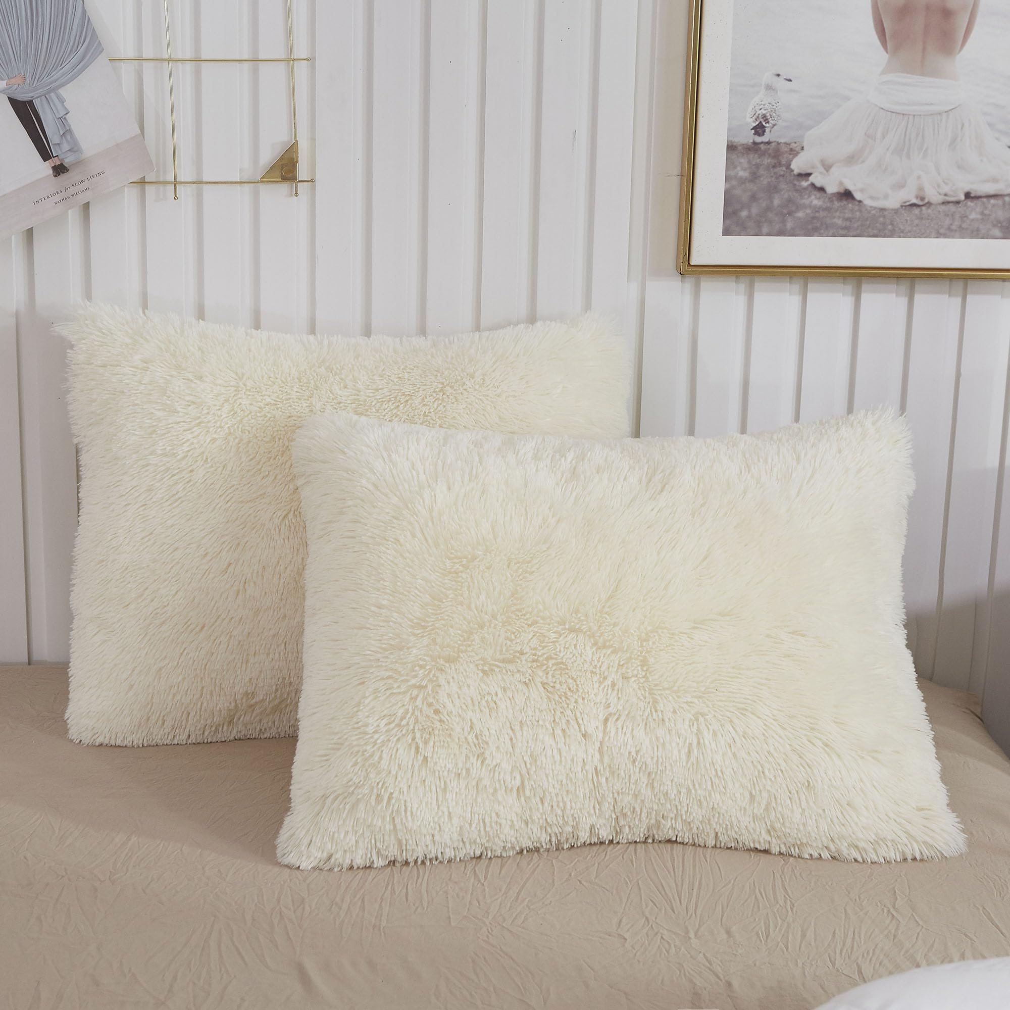 Photo 1 of XeGe Faux Fur Throw Pillow Cases, Plush Shaggy Ultra Soft Pillow Covers, Fluffy Crystal Velvet Decorative Pillowcases, Furry Fuzzy Pillow Shams Zipper Closure, Set of 2 (King, Light Beige)